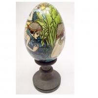 Colored Hand Painted Goose Egg With A Hand Carved Wooden Stand