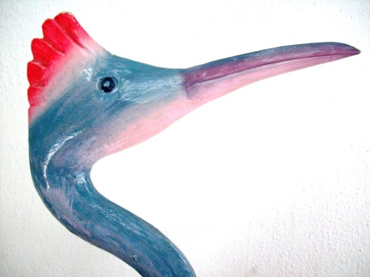 Blue & White Heron Bird Figurine, Hand Carved & Colored From Wood