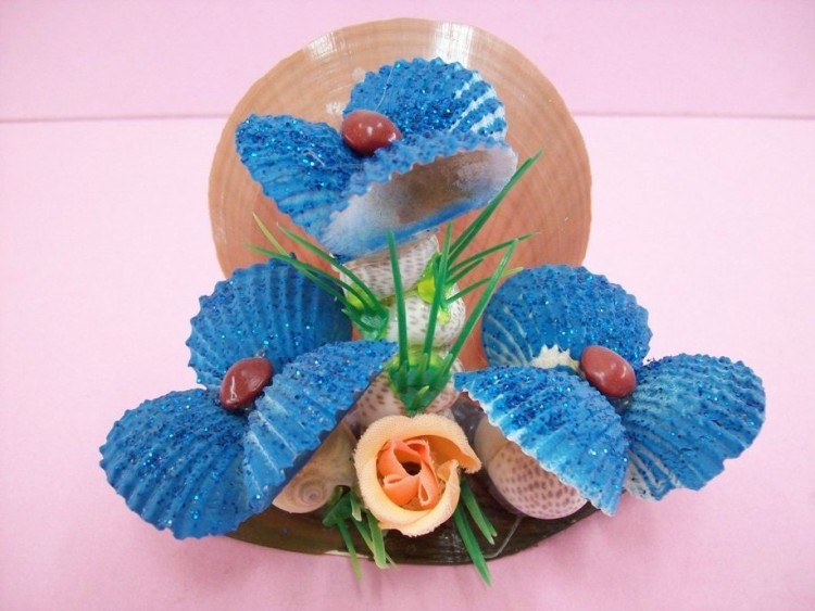 Handcrafted & Colored Sea Shell Decoration, Blue Flowered Tree