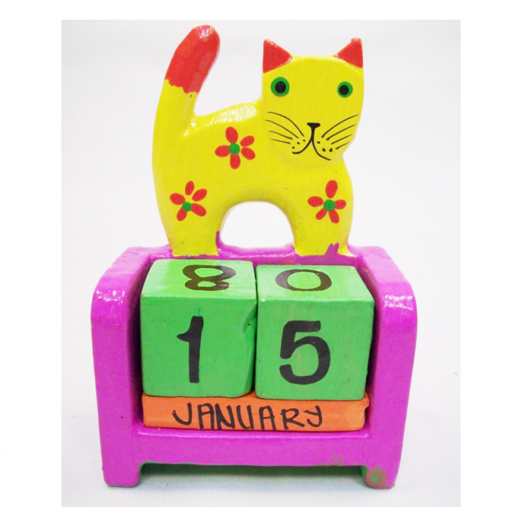 Hand Carved And Colored Yellow Cat Themed Perpetual Calendar