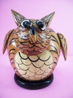 Owl Shaped And Colored Piggy Bank, Hand Carved From Wood
