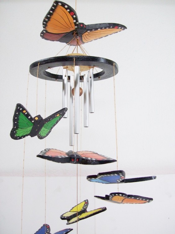 Butterfly Shaped And Colored Chime, Hand Carved, Wood & Pipes