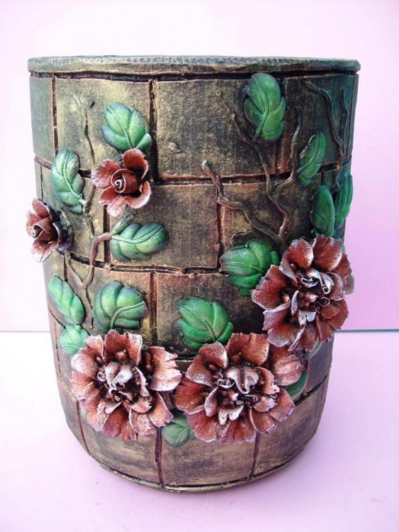 Brown Ceramic Vase With Protruding Colored Leaves & Flowers