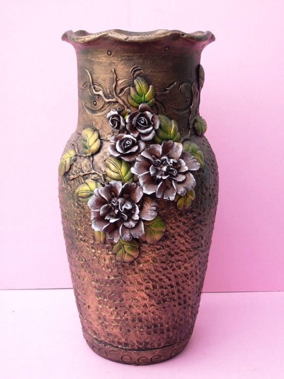 Bronze Ceramic Vase With Protruding Colored Leaves & Flowers