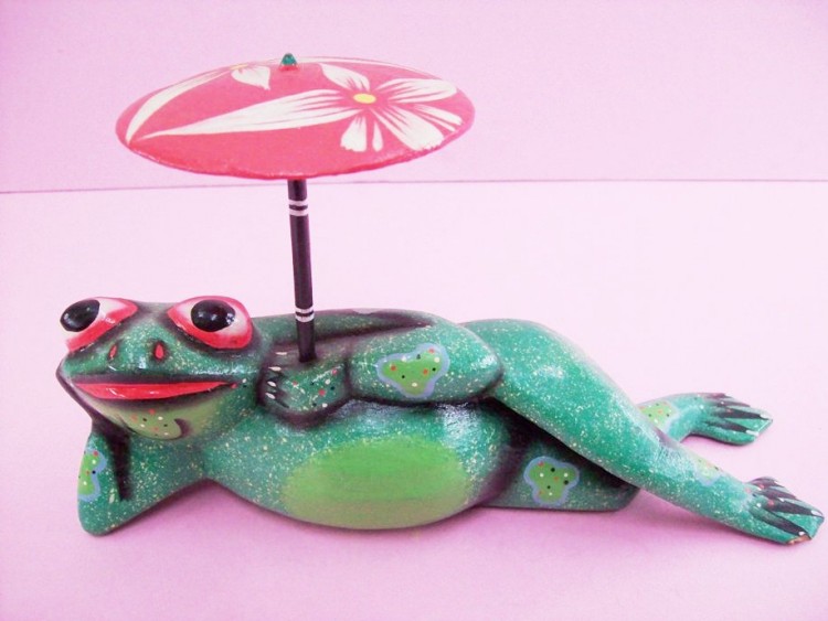 Green Frog Lying Down With A Red Umbrella, Hand Carved, Wooden