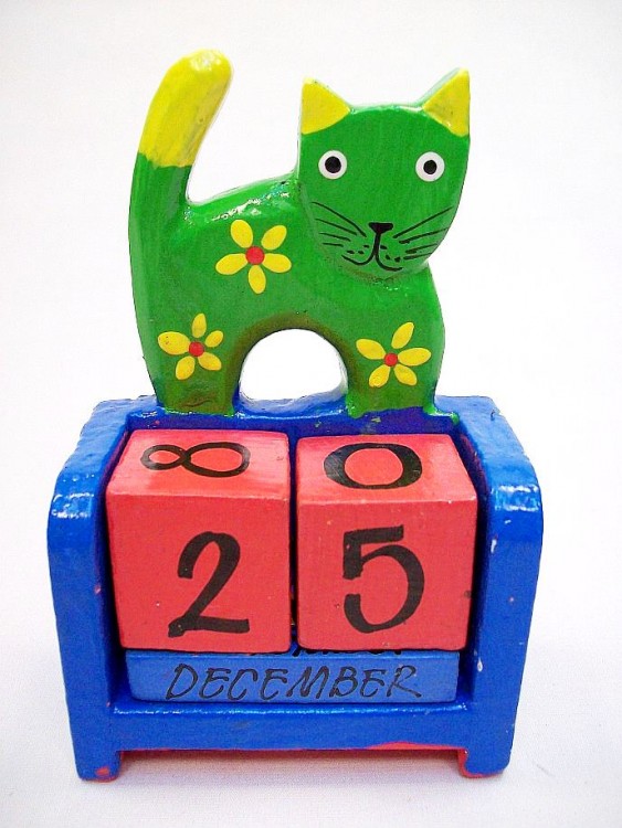 Hand Carved And Colored Green Cat Themed Perpetual Calendar