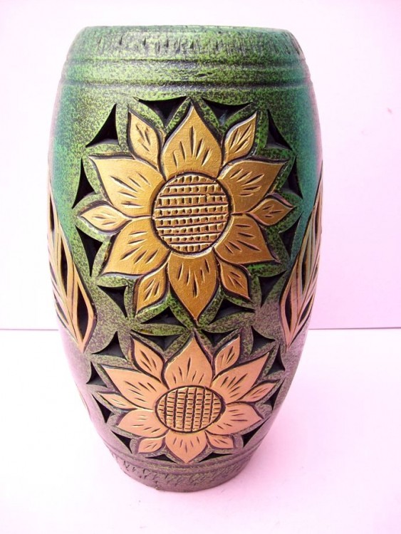 Handcrafted Green Ceramic Vase With Gold Colored Sun Flowers