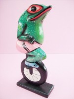 Exercising Frog Figurine, Hand Carved, Wooden, Colored