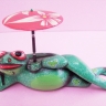 Green Frog Lying Down With A Red Umbrella, Hand Carved, Wooden
