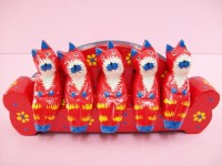 Five Red Cats Sitting On A Red Sofa, Hand Carved & Colored, Wooden